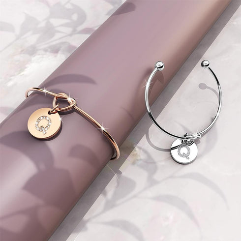 Fancy Alphabet Letter Initial Bangle in Rose Gold -A